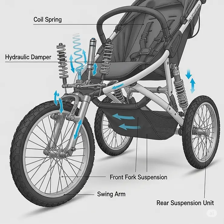 Detailed illustration of the advanced suspension system on a 3-wheel jogging stroller, providing comfort and stability on various terrains.