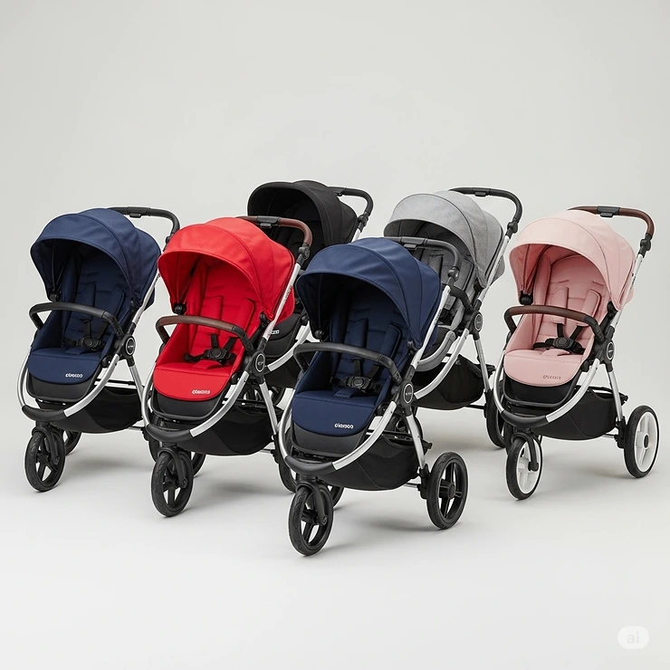 A collection of 3 wheel pram strollers in various popular colors, offering style choices for every parent.