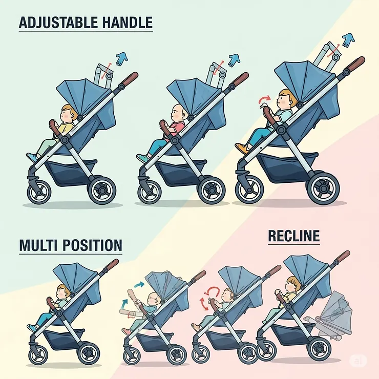 Illustration showcasing the adjustable handle and multi-position recline features of a versatile 3 wheel pram stroller.