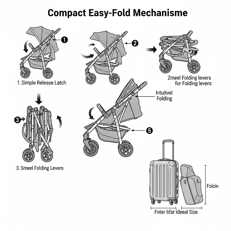 Diagram illustrating the compact, easy fold of a 3 wheel pram stroller, perfect for storage and transport.