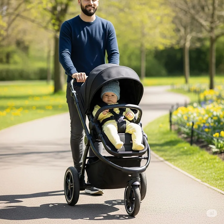 A parent pushing a modern black 3 wheel pram stroller with an infant comfortably inside, navigating a park path.