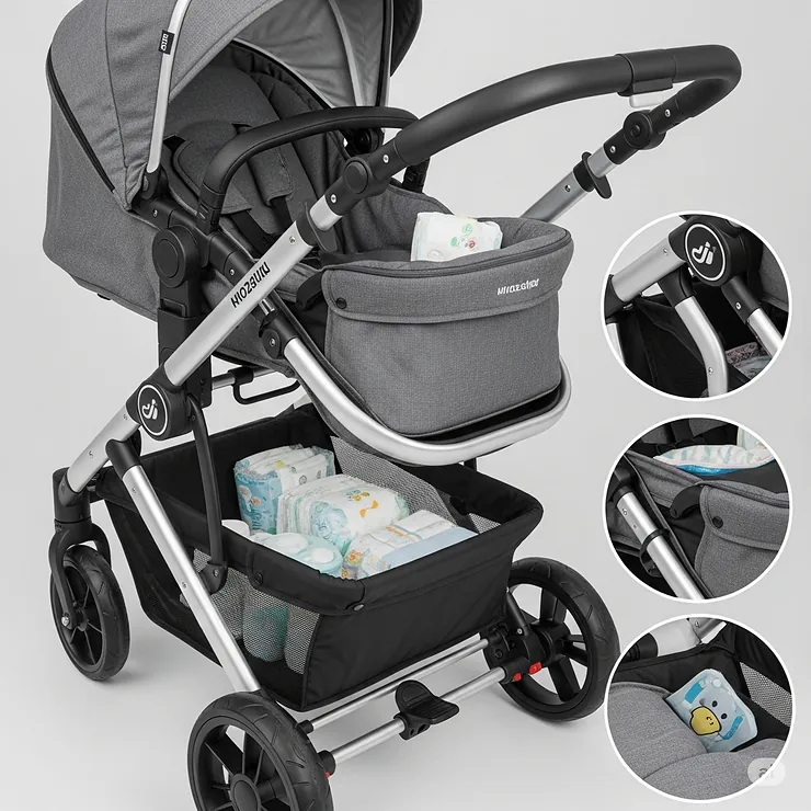 Image of a 3 wheel pram stroller featuring a spacious under-seat storage basket, ideal for diapers and essentials.