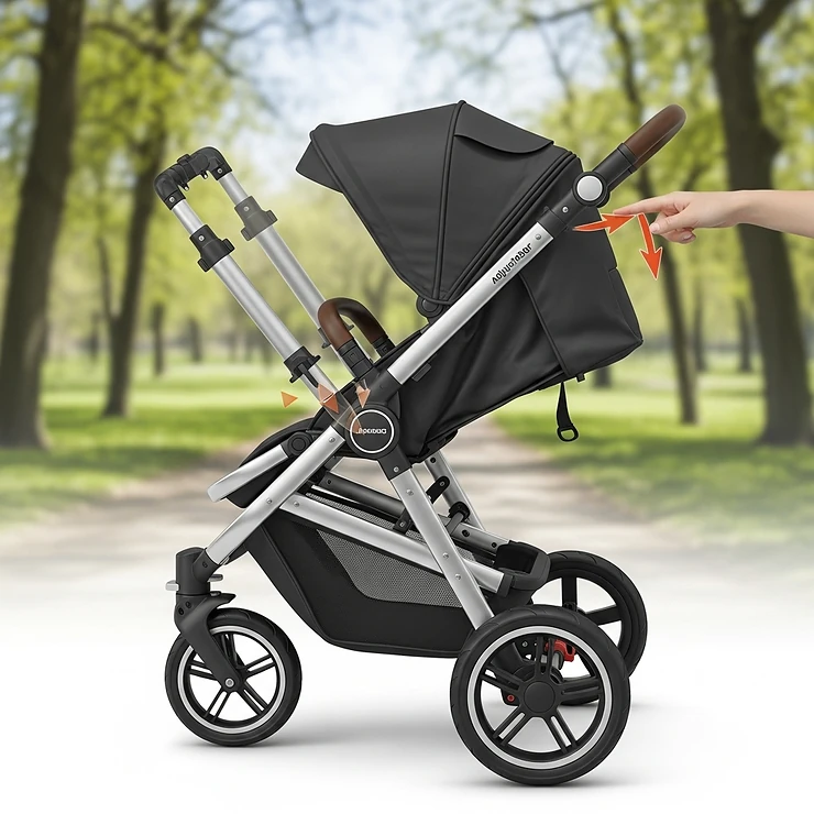 Illustration of an adjustable handlebar on a 3-wheel stroller, allowing parents of different heights to push comfortably.