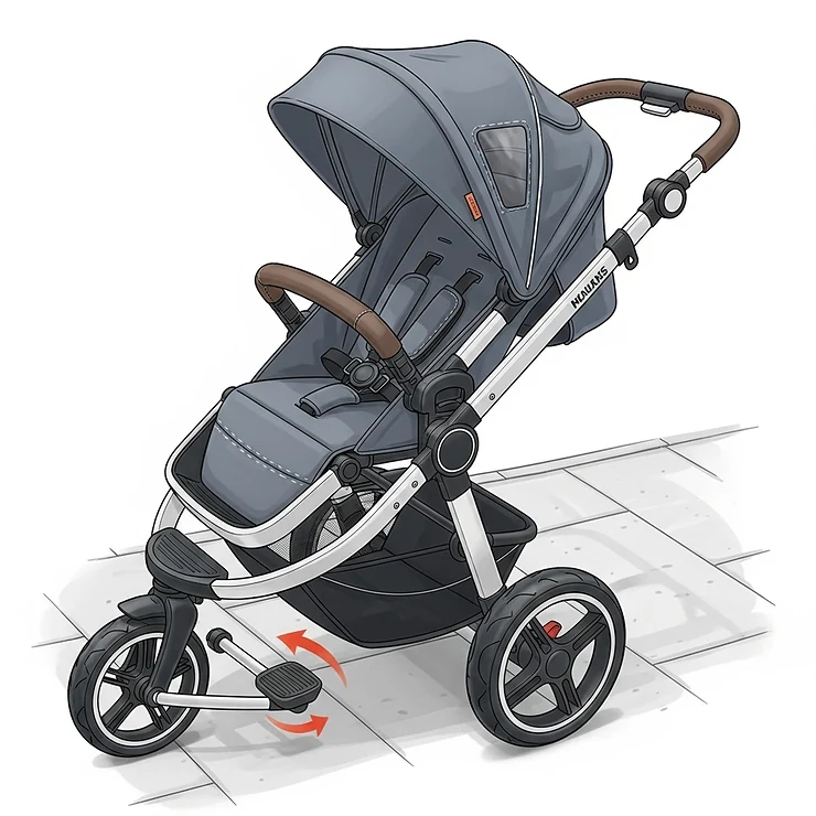 Illustration of a 3-wheel stroller with its easy-to-use foot brake engaged, ensuring maximum safety and stability when stopped.
