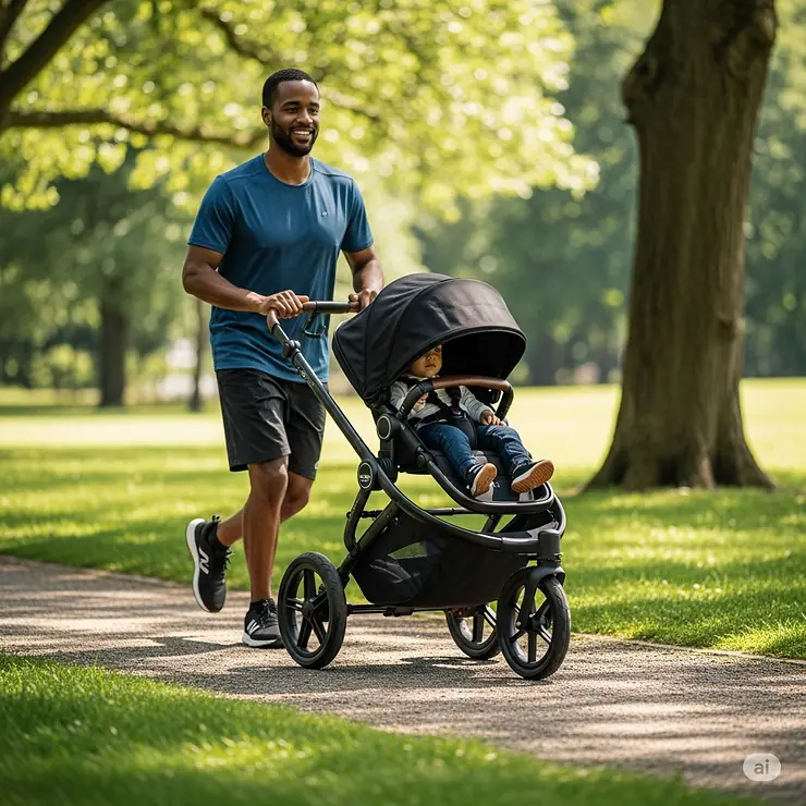 An active parent jogging outdoors with a sleek 3 wheel pram stroller, highlighting its suitability for various terrains.
