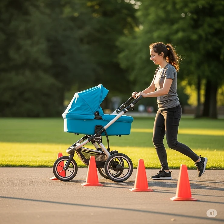 A parent effortlessly steering a lightweight 3 wheel pram stroller around cones, demonstrating its excellent maneuverability.