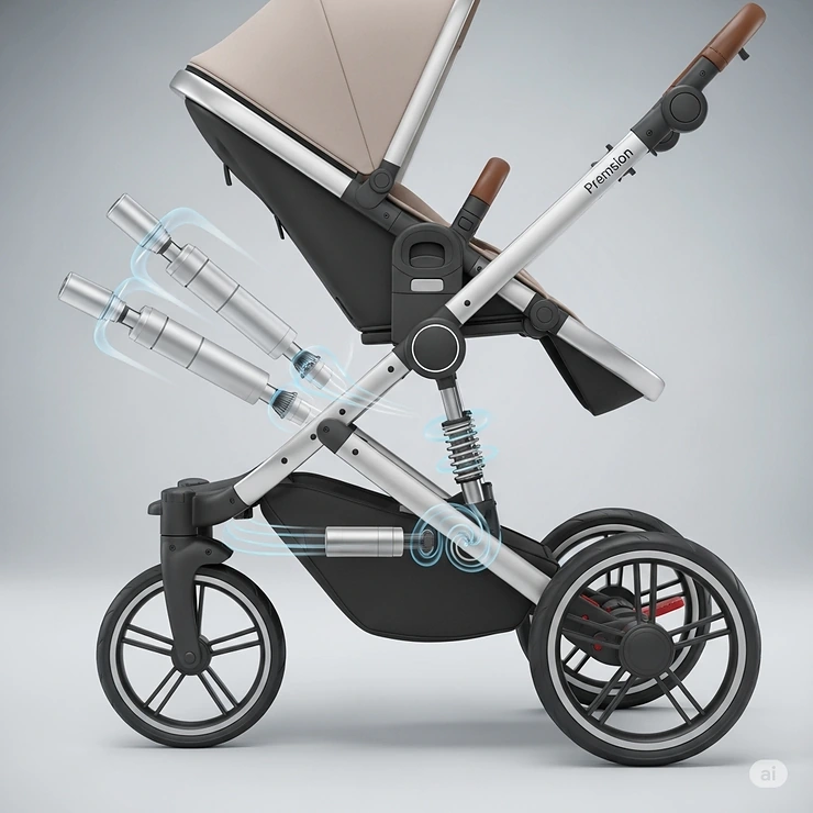 Side profile of a 3 wheel pram stroller highlighting its advanced suspension system for a smooth ride over bumps.