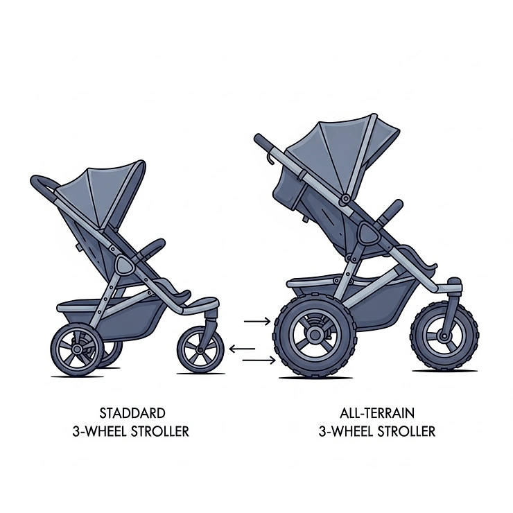 Comparison illustration of different wheel sizes on 3-wheel strollers, highlighting the larger, more robust wheels of all-terrain models.