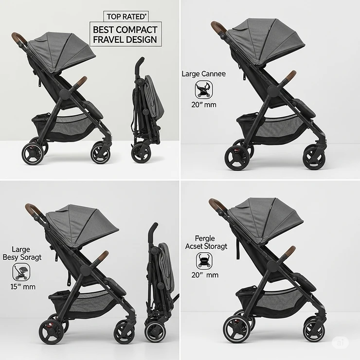 A vibrant collage showcasing several top-rated best compact strollers side-by-side, highlighting their folded sizes, key features like large canopies, accessible storage, and sleek designs for parents looking for portable and efficient travel solutions.
