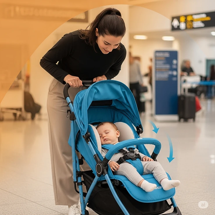 A parent easily folding a compact, lightweight travel stroller with a sleeping baby inside, highlighting its portability and comfort for travel.