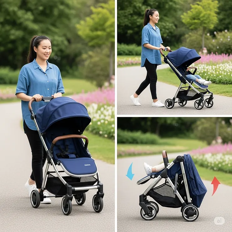 A parent effortlessly pushing a sleek, modern, and best lightweight stroller through a park, illustrating its compact design and ease of maneuverability. The stroller is folded and unfolded in a quick sequence, highlighting its portability.