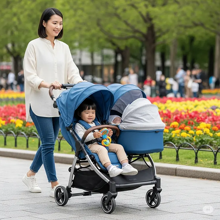 A parent effortlessly pushing a versatile single-to-double stroller with two children, one infant and one toddler, highlighting its adaptability and ease of use. best single to double stroller