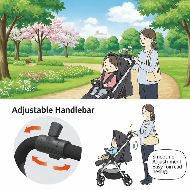 An illustration showing the adjustable handlebar of a compact stroller, catering to caregivers of different heights for comfortable pushing.