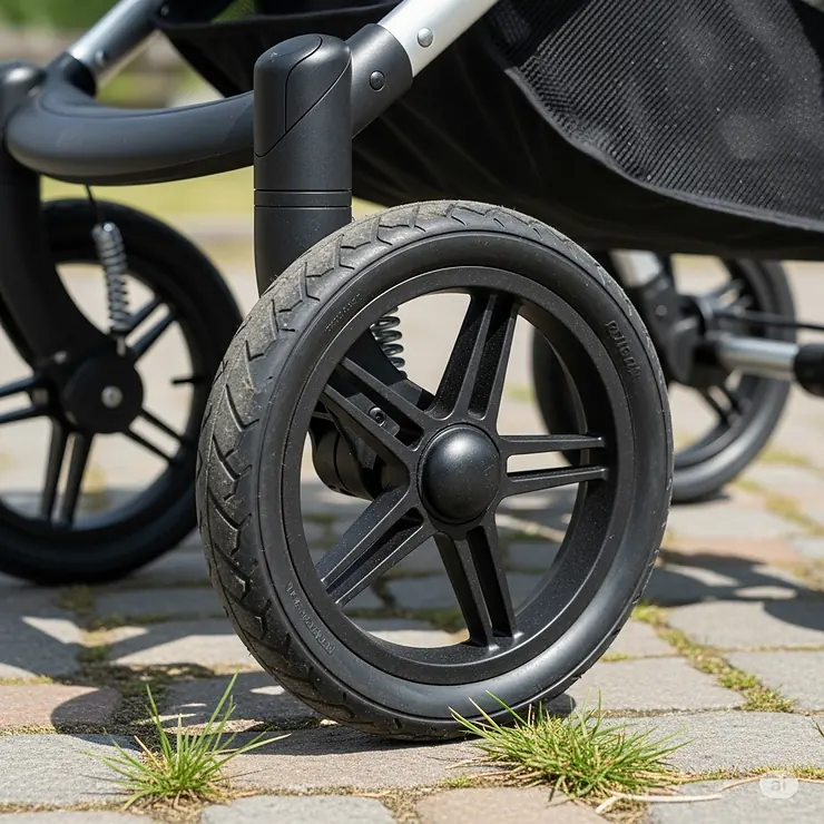 A close-up view of the sturdy, all-terrain wheels on a best compact stroller, indicating its capability for smooth rides on various surfaces beyond just pavements.