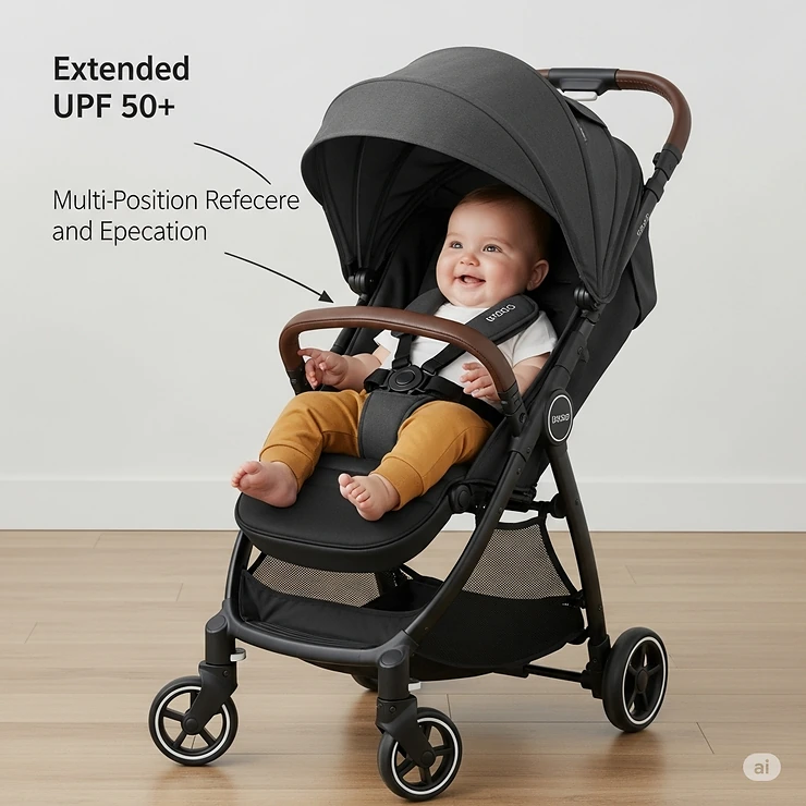 A happy baby relaxing in a compact stroller featuring a multi-position recline for naps and an extended UPF 50+ canopy providing ample sun protection and comfort.