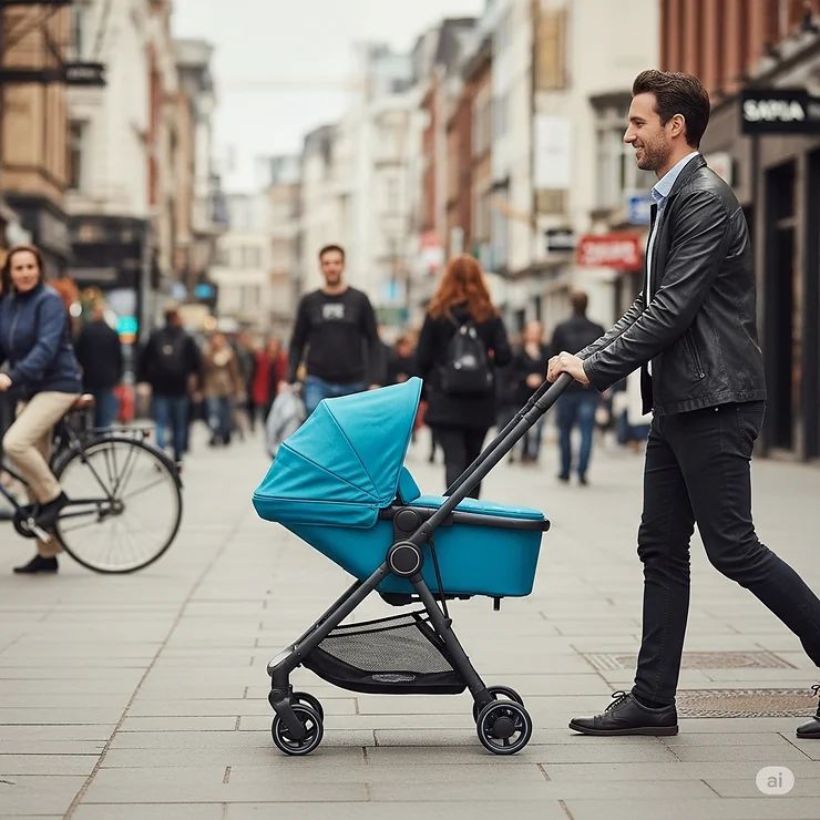 A slim and maneuverable compact stroller being pushed through a bustling city sidewalk, showcasing its agile design perfect for urban environments and public transportation.