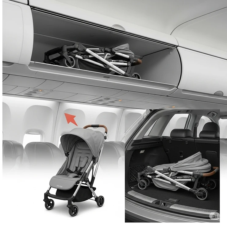 A lightweight compact stroller neatly folded to fit into an airplane overhead bin, illustrating its ideal size for air travel and space-saving for car trunks.