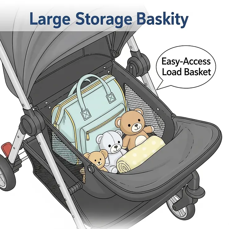 An illustration of a compact stroller's surprisingly spacious and easily accessible storage basket, holding essential baby items like a diaper bag and toys.