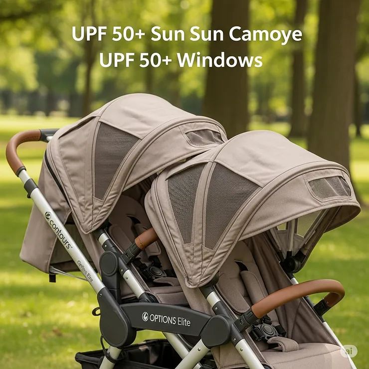 Large sun canopies with UPF 50+ protection and peek-a-boo windows on the Contours double stroller, providing shade and visibility for children.