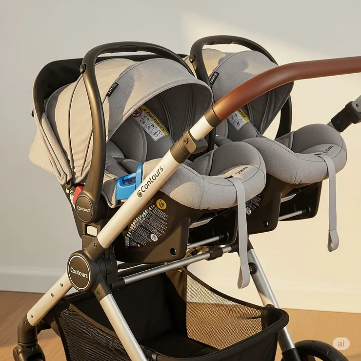 Contours double stroller with two infant car seats securely attached, highlighting its compatibility and ease of use for newborns.
