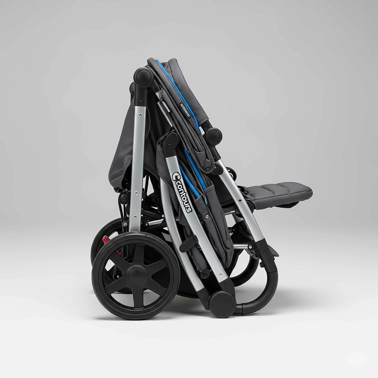 Compactly folded Contours double stroller, demonstrating its space-saving design for storage and transport.