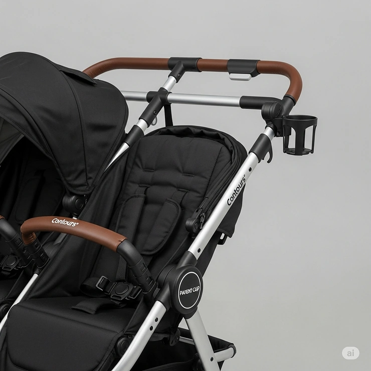 Ergonomic adjustable handlebars and parent cup holder on the Contours double stroller, designed for comfortable pushing and convenience.