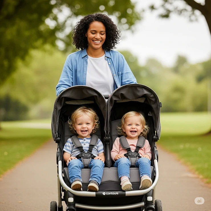 A parent happily pushing a Contours double stroller with two smiling children, depicting the ease and joy of family outings.