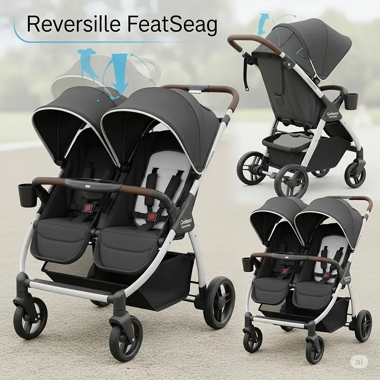 Contours double stroller with reversible seats in multiple configurations, illustrating seating versatility for siblings of different ages.
