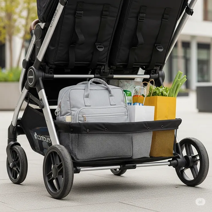 Spacious under-seat storage basket of the Contours double stroller, perfect for carrying diaper bags, groceries, and other essentials.