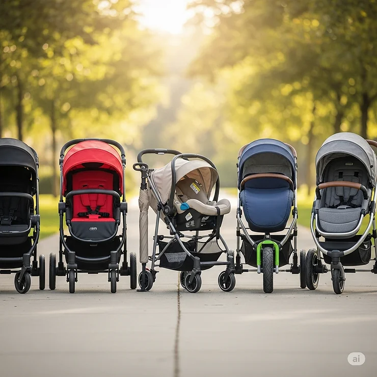 A diverse range of front facing stroller models displayed side-by-side, showcasing different styles and features available.