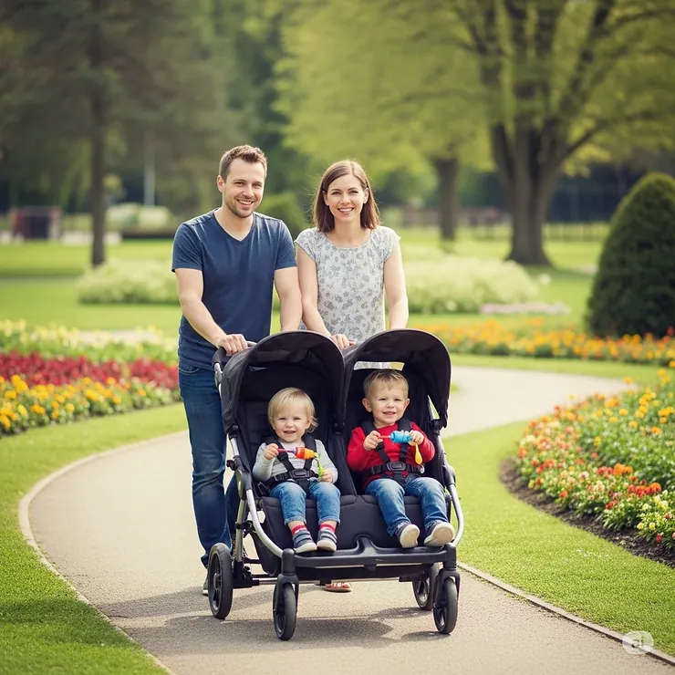 Happy family of four using a converted single to double stroller in a park setting.