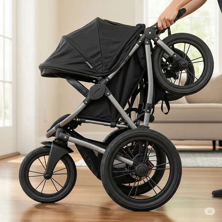 A 3-wheel stroller shown in its compact folded position, perfect for easy storage and transportation.