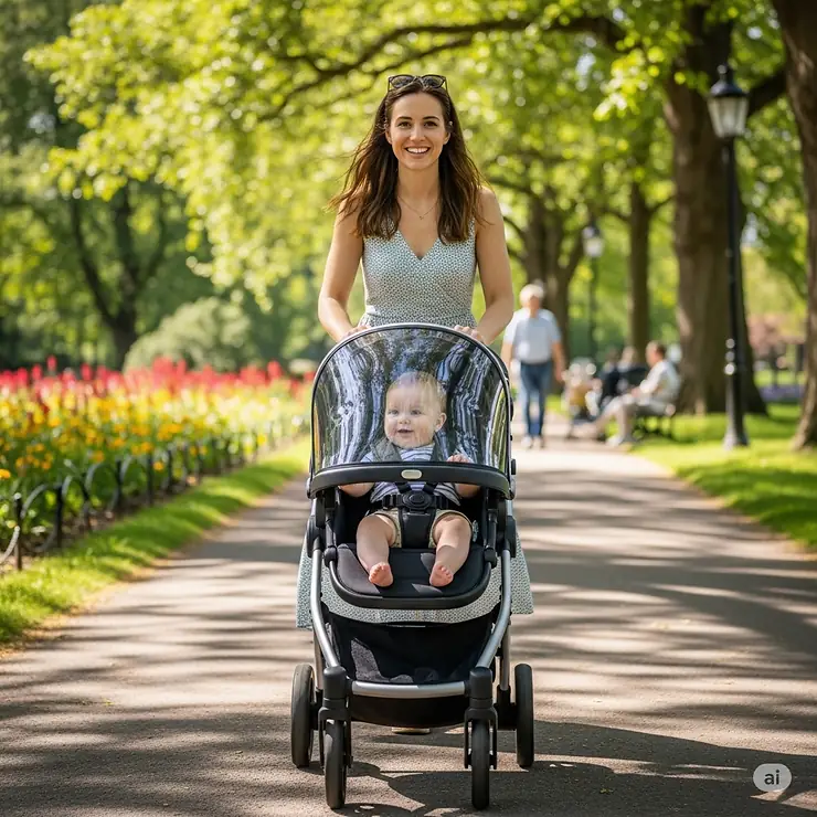 A happy mom pushes her baby in a modern front facing stroller through a sunny park, showcasing the clear view of the baby.