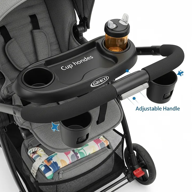 Close-up of key features on the Graco Click Connect Modes travel system, such as cup holders, storage, and adjustable handle.