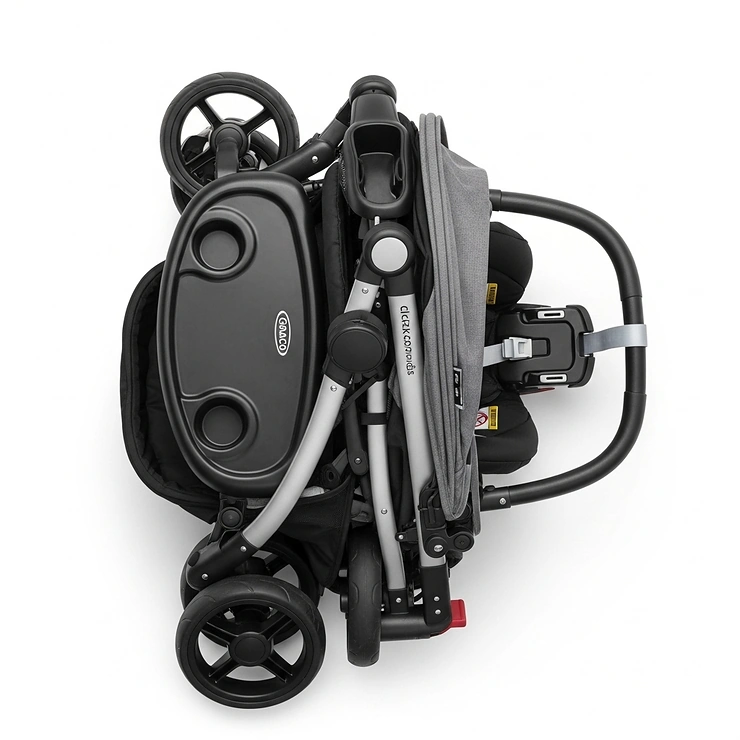 Graco Click Connect Modes travel system stroller in a compact fold, illustrating its space-saving design for storage and transport.