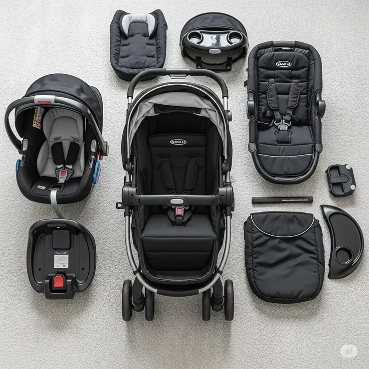All components of the Graco Click Connect Modes travel system laid out, including the car seat, stroller frame, and infant insert.