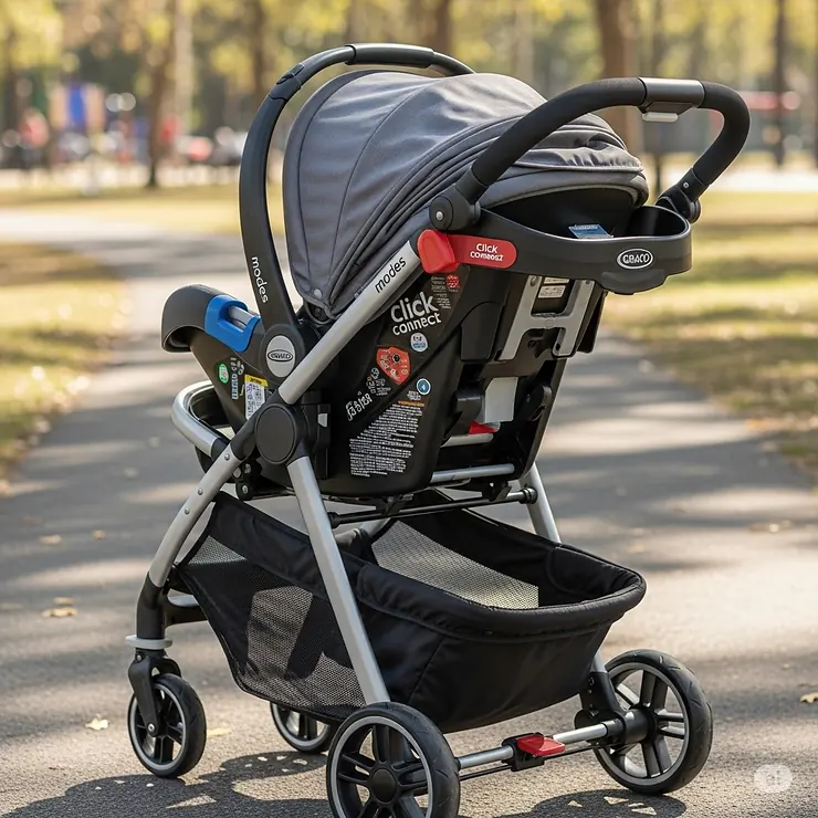 Graco Modes stroller with infant car seat attached, showcasing the Click Connect technology for easy portability.