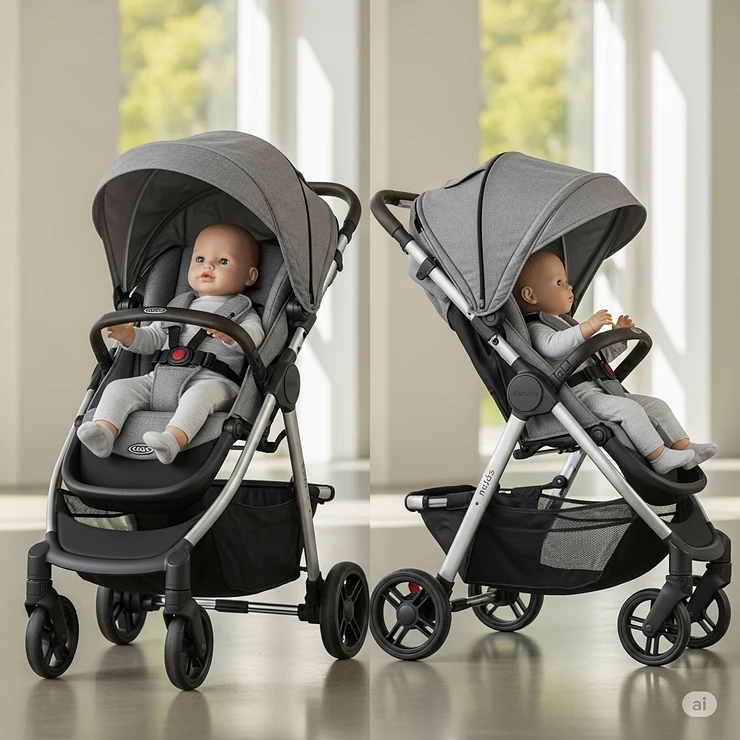 Graco Modes travel system stroller with the seat reversed, showing parent-facing and forward-facing options for the baby's comfort.