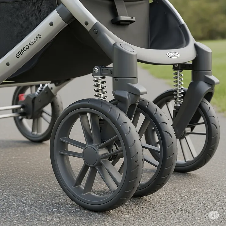 Detail of the wheels and suspension on the Graco Modes travel system, indicating a smooth ride for the infant and child.