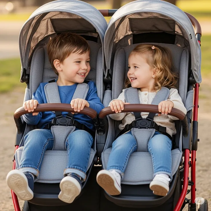 Two happy children comfortably seated in a single to double stroller, illustrating its comfort and spaciousness for growing families.