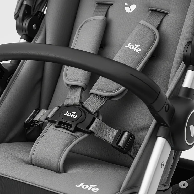 Detailed view of the secure 5-point safety harness system on a Joie Tourist pushchair, emphasizing child safety features.