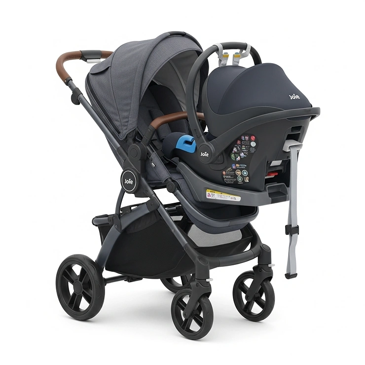 Joie Chrome DLX pushchair seamlessly integrated with a compatible Joie infant car seat, showcasing its versatility as a travel system.