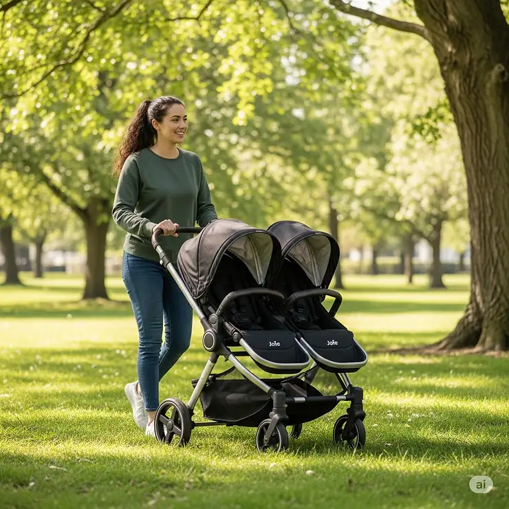 A parent comfortably pushing a Joie Twin Nitro pushchair with two children, illustrating its suitability for families with multiple toddlers.