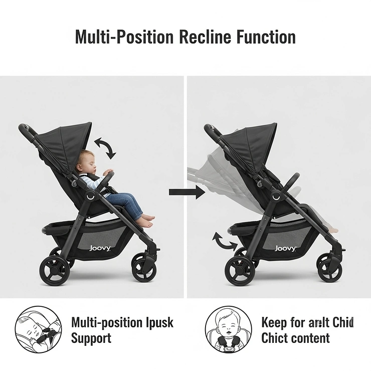 Close-up illustration highlighting the multi-position adjustable recline of the Joovy pushchair seat, ensuring comfort for napping or sitting upright.
