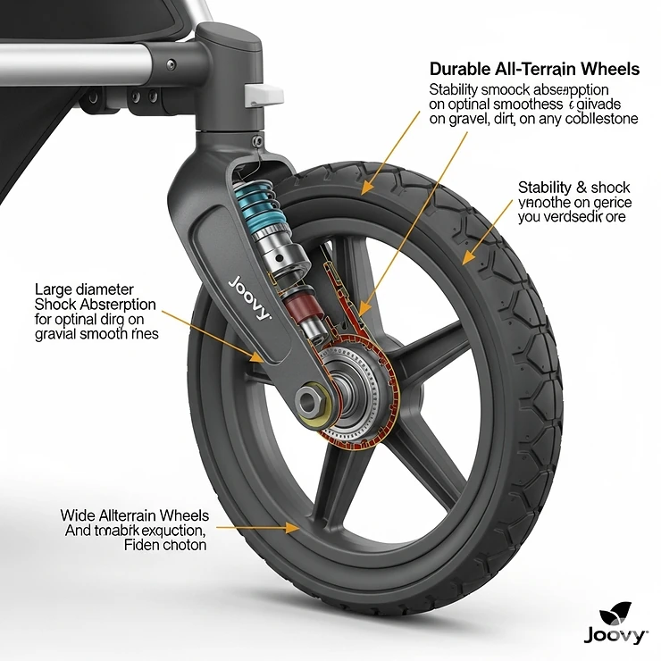Detailed illustration of the durable, all-terrain wheels on the Joovy pushchair, designed for smooth rides on various surfaces.