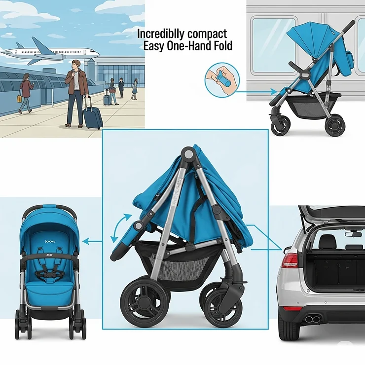 Illustration demonstrating the incredibly compact and easy one-hand fold of the Joovy pushchair, perfect for storage and travel.
