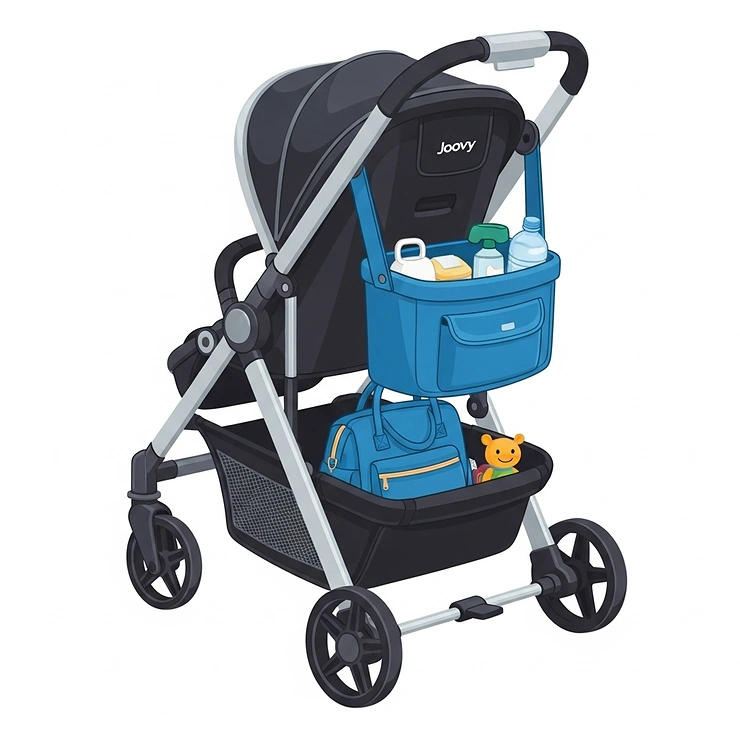 Illustration showcasing the spacious, easy-access storage basket beneath the Joovy pushchair, ideal for carrying essentials on the go.