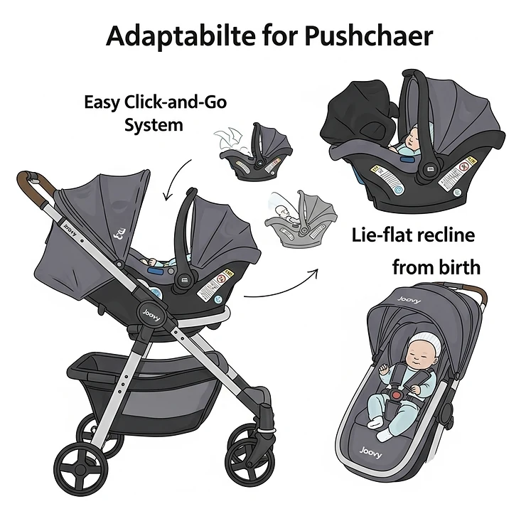 Illustration showing the Joovy pushchair's compatibility with infant car seats or its lie-flat recline suitable for newborns, offering versatility from birth.