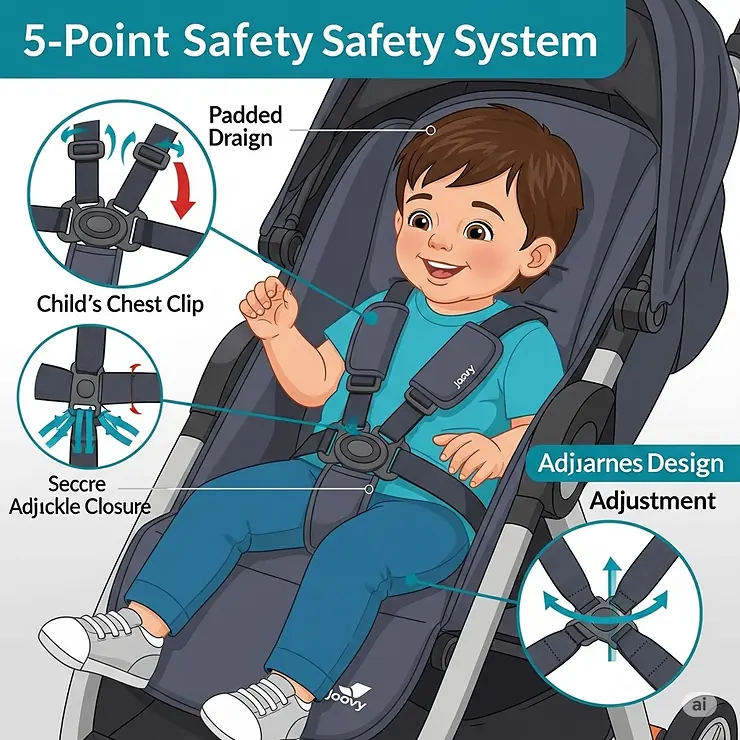 Illustration focusing on the secure, adjustable 5-point safety harness system found in the Joovy pushchair, prioritizing child safety.