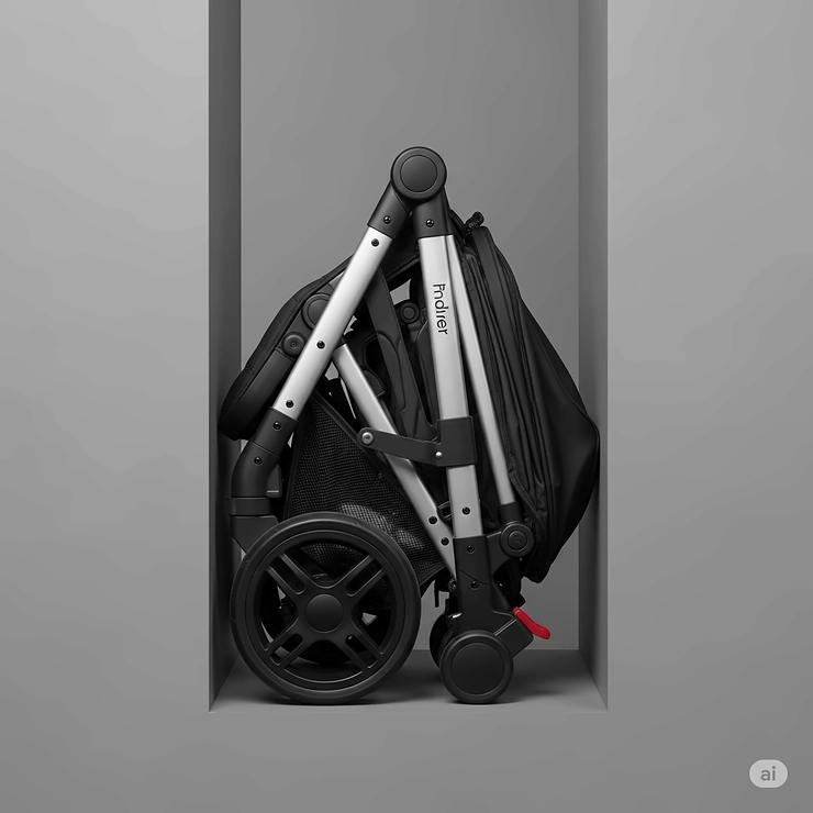 A close-up of the best light travel stroller in its ultra-compact, folded state, demonstrating how it fits into small spaces.